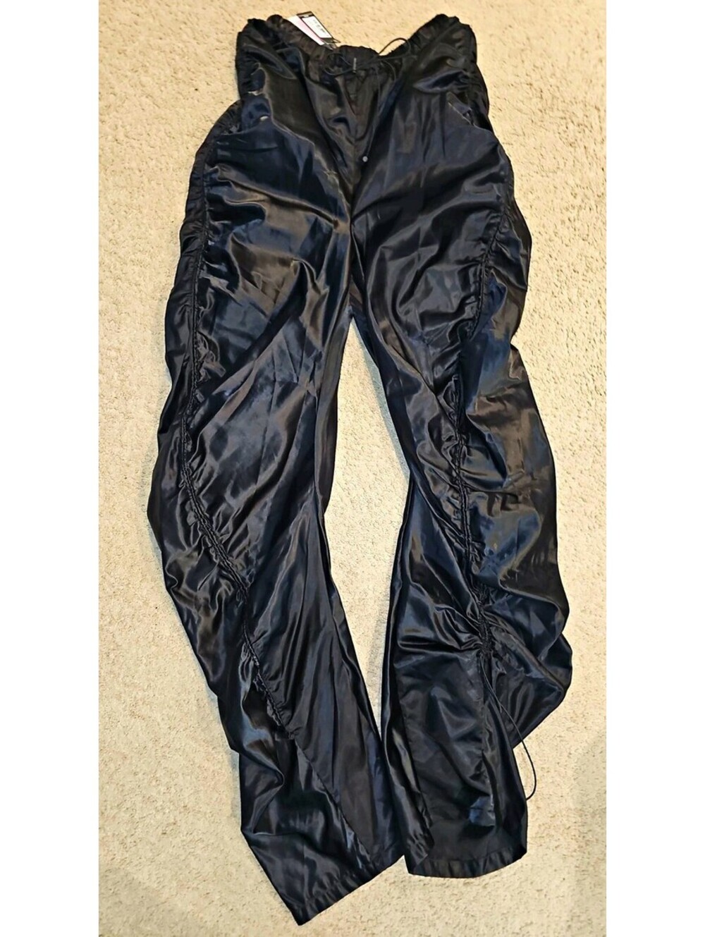 PrettyLittleThing Black Satin Extreme Ruched Detail Trousers Pants US 8 NWT
